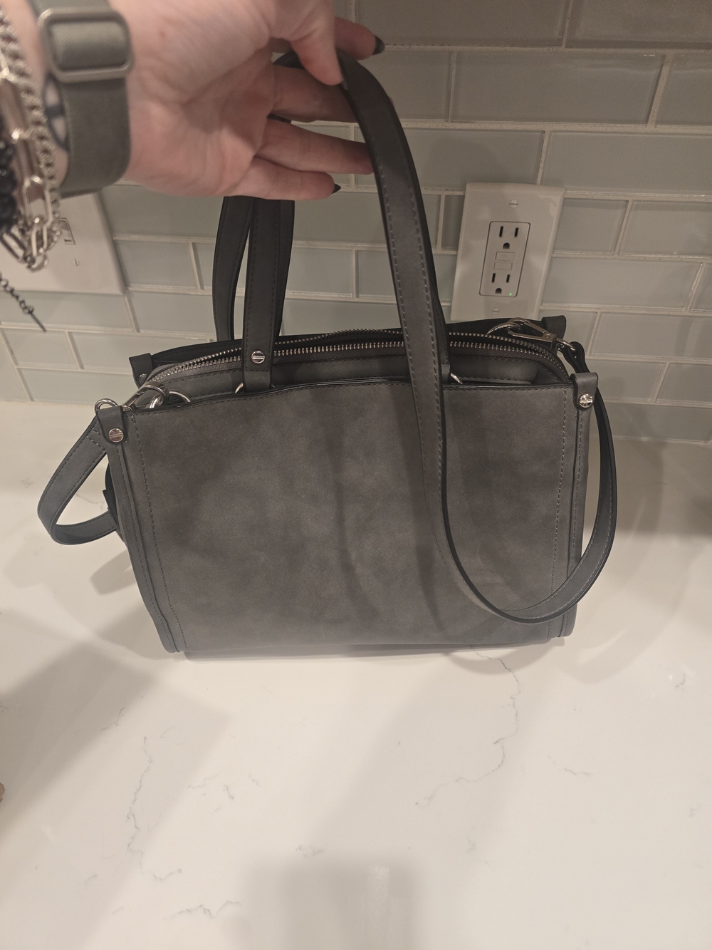 Grey Suede-Style Women's Satchel Handbag
